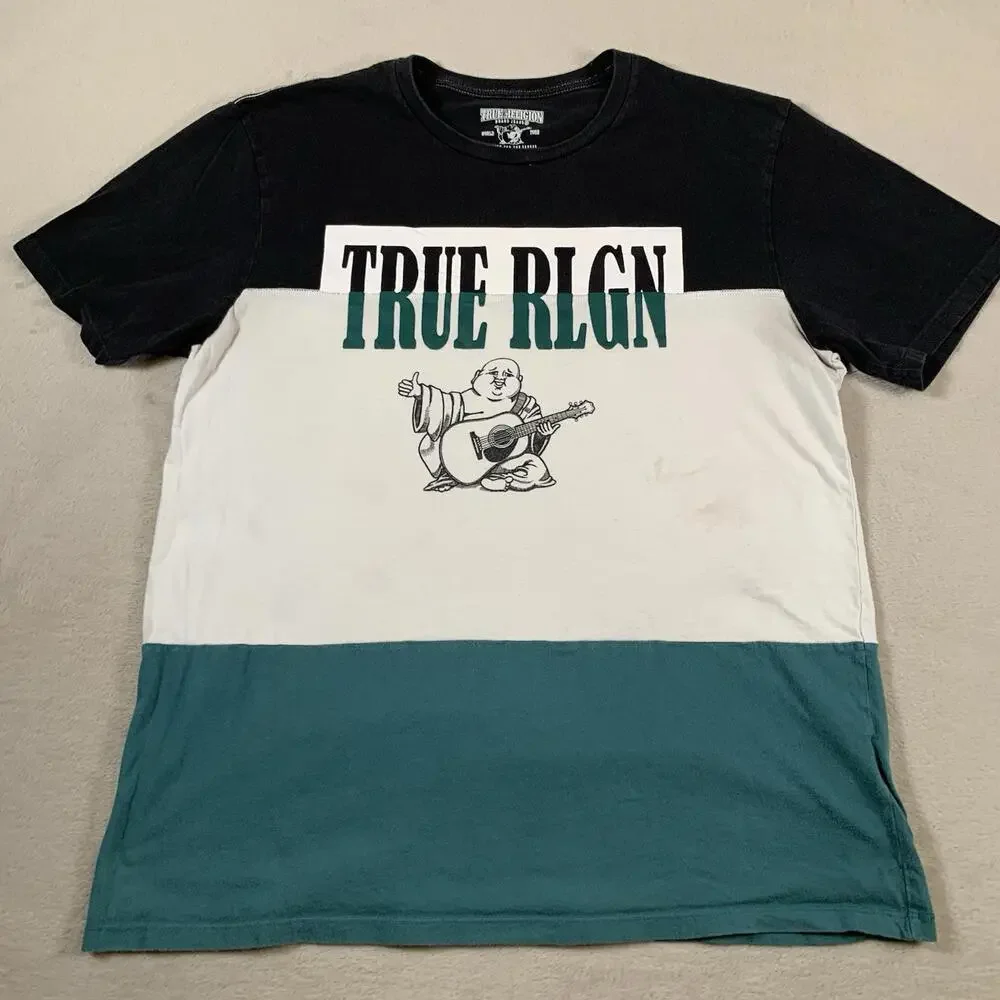 True Religion Shirt Mens XL Black Green Colorblock Short Sleeve Buddha Logo